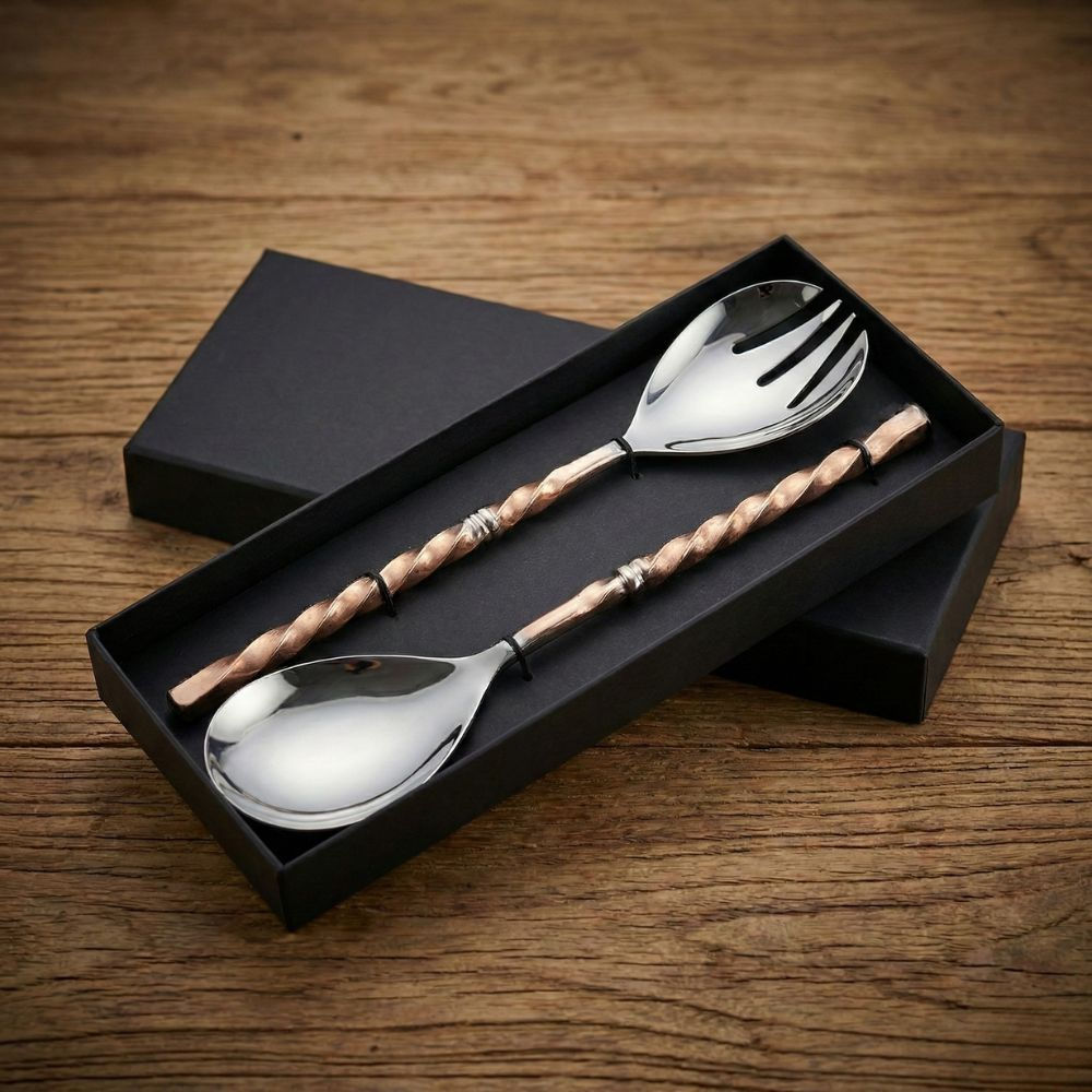 Dual Tone Floral Serving Spoon & Fork Set (2 Pieces)