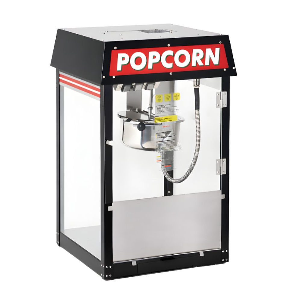 Commercial black countertop popcorn machine with stainless steel kettle and glass cabinet designed for cinema-style popcorns.