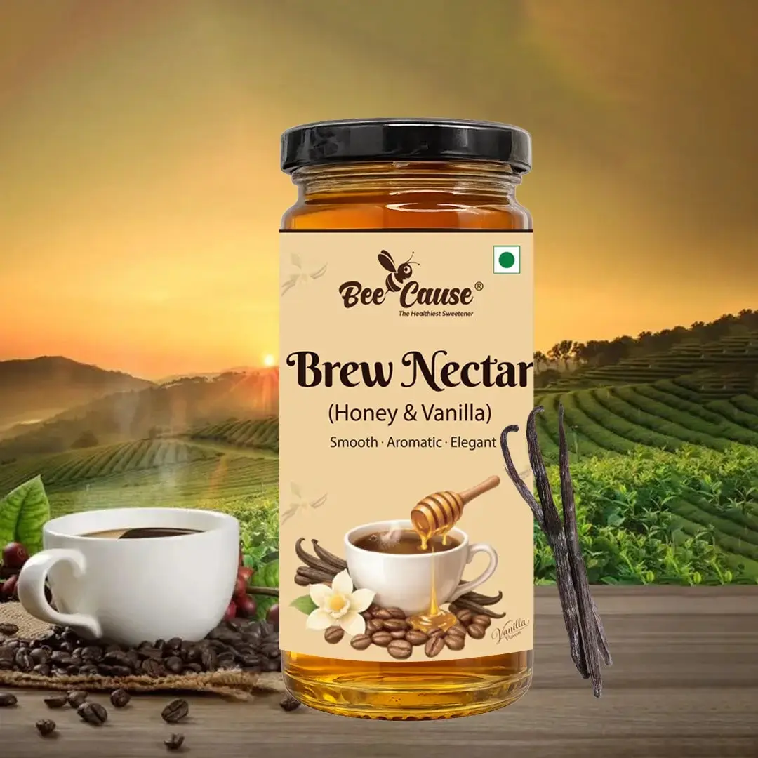 Bee Cause Brew Nectar honey and vanilla flavoured honey in glass jar