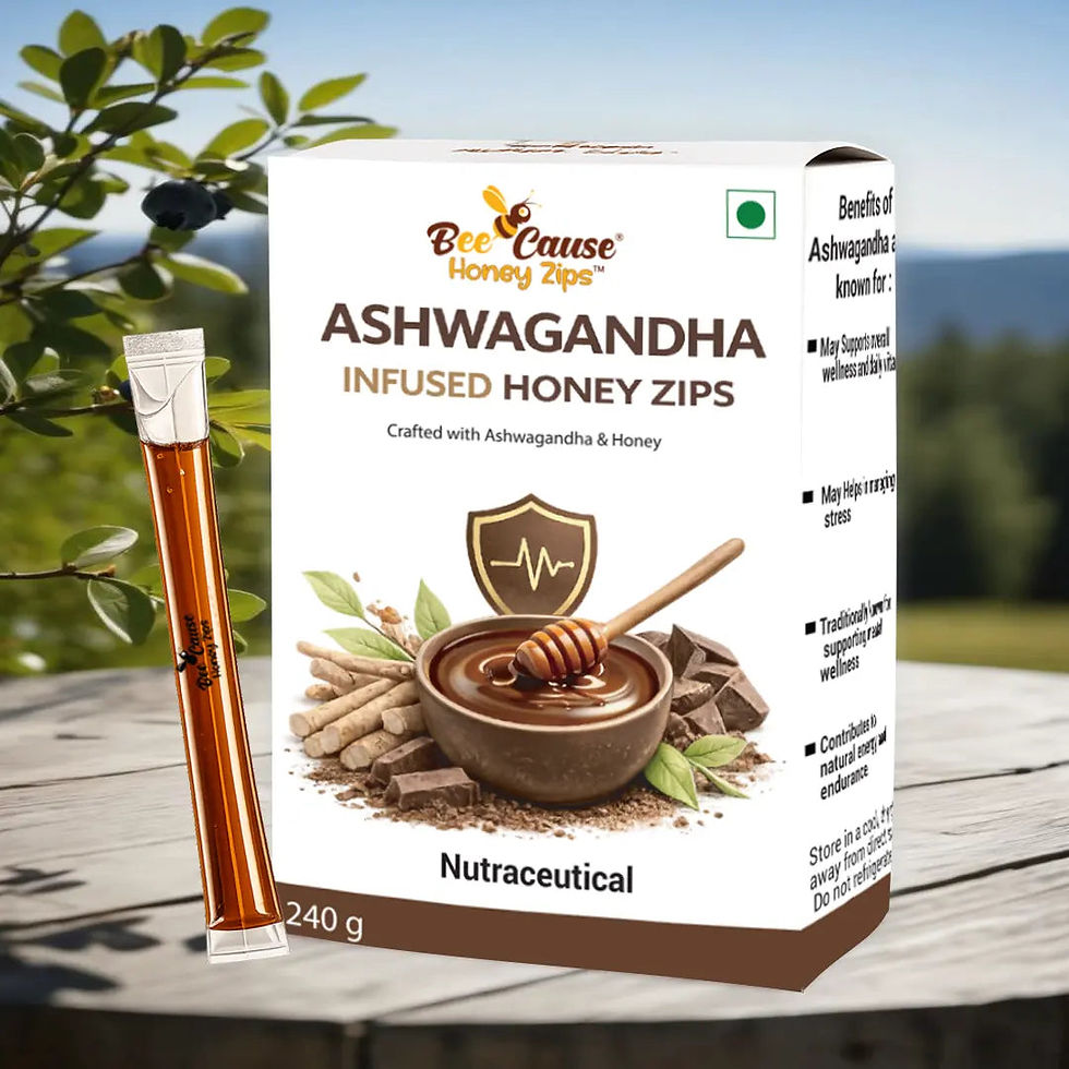 BeeCause Ashwagandha Infused Honey Zips 240g sachets crafted with Ashwagandha