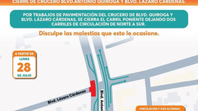 Por inicio de obras cerrarán el carril poniente de Quiroga y Cárdenas a partir de este lunes 28