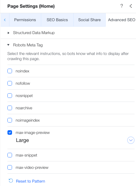 advanced settings robots meta tags in wix