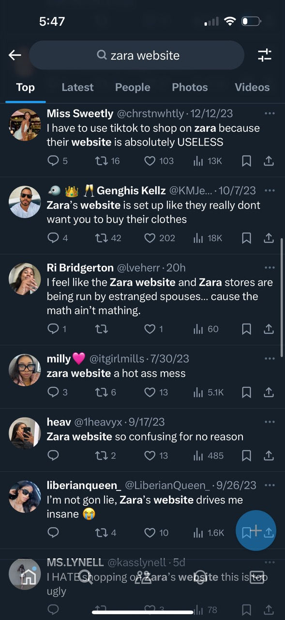 Screenshot of several users complaining about Zara’s website on X, formerly known as Twitter.