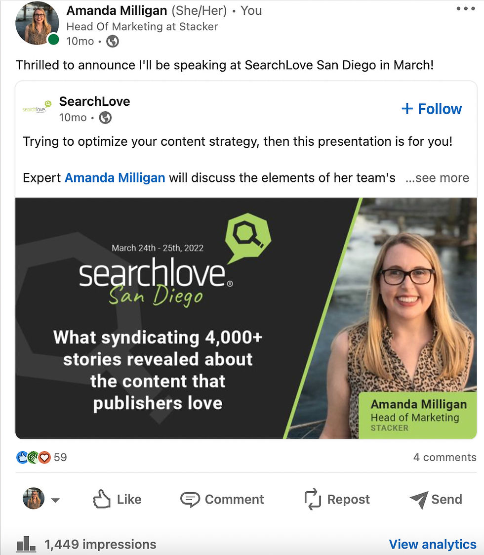 A screenshot of Amanda Milligan's LinkedIn post about being accepted to speak at SearchLove San Diego in 2022.