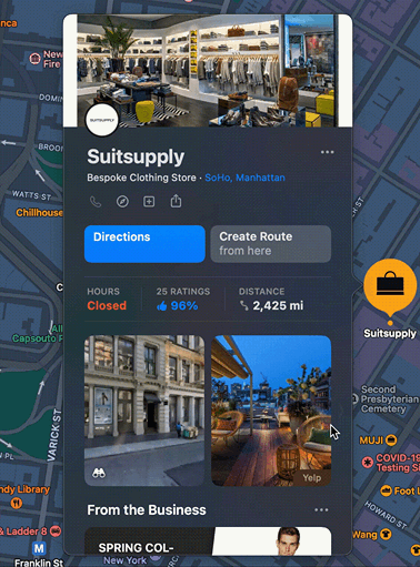 A scrolling gif of the Place Card for a Suitsupply location, showing hours, ratings, content from the business, an about section, and more.