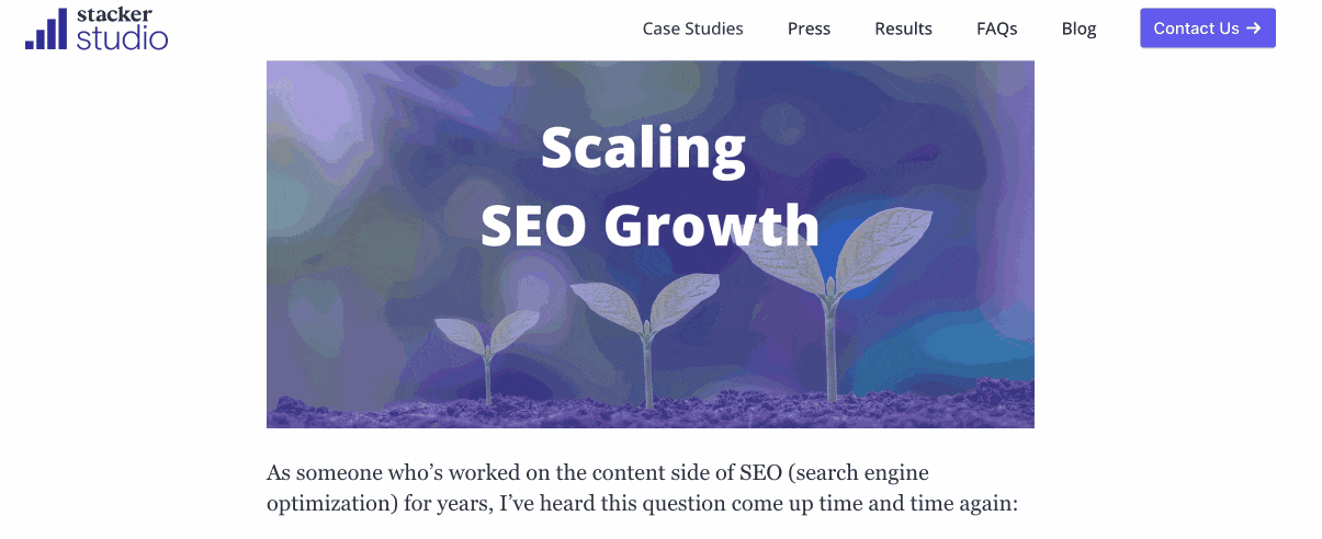 A scrolling screenshot of the full blog post called "Scaling SEO: How to Create Lasting Organic Growth"
