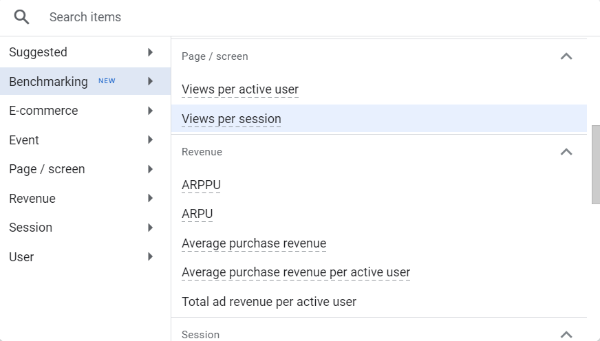 GA4’s metrics picker, with the “Benchmarking” category selected to show all the metrics that work with benchmarking
