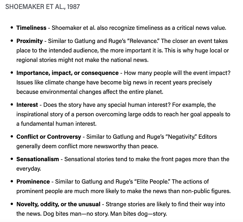 Screenshot from a Purdue Writing Lab page about newsworthiness, showcasing various elements of newsworthiness.
