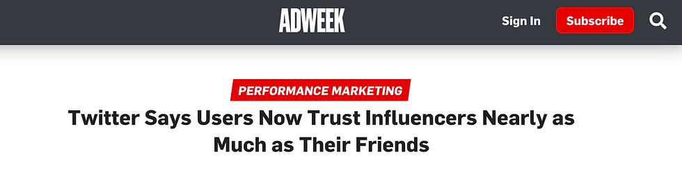 Screenshot of an Adweek article entitled, "Twitter says users now trust influencers nearly as much as their friends"
