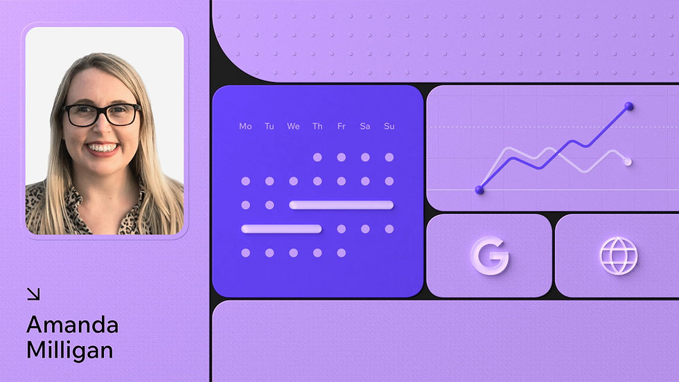 an image of author Amanda Milligan accompanied by search-related iconography, including a calendar, line chart, and globe