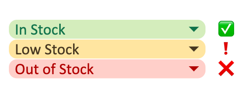 a green color bar labeled "In Stock" with a checkmark icon, an orange color bar with a "Low Stock" label and an exclamation point icon, and a red color bar with an "Out of Stock" label and an X icon