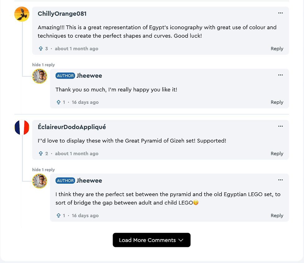 The comments section for the Egyptian Gods Lego Ideas set. Comments are positive, e.g., “I’d love to display these with the Great Pyramid of Gizeh set! Supported!”