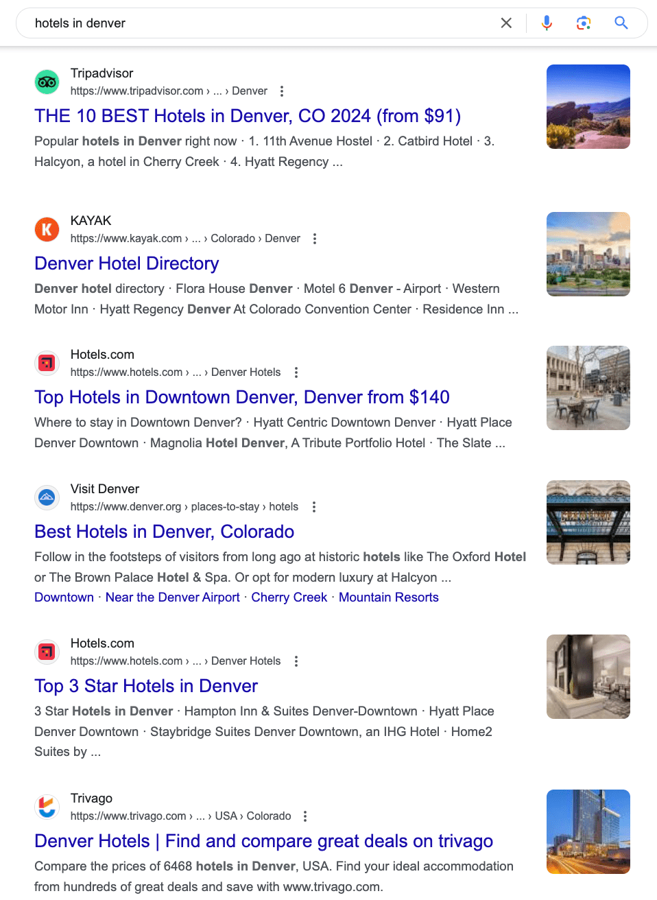 The search results for [hotels in denver] showing that the majority of blue links are from online travel agencies like Kayak, Tripadvisor, Hotels.com, etc.