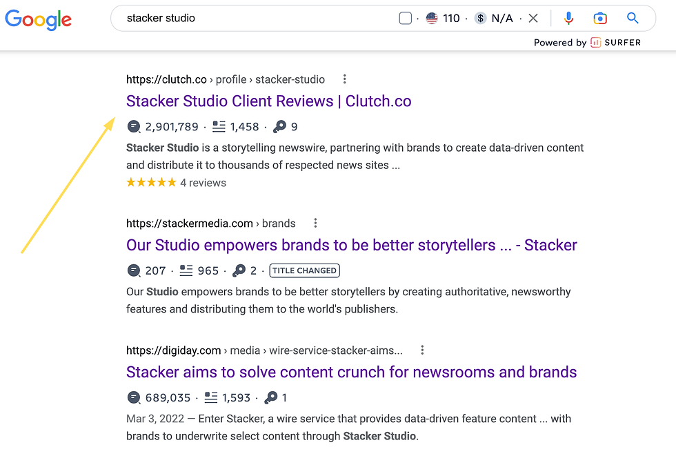 A screenshot of Google, searching for "Stacker Studio" and seeing the Clutch profile for Stacker Studio as the top result.