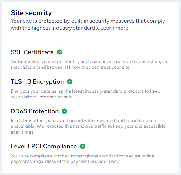ALT: A screenshot of the Wix uptime and security report, showing green checkmarks for the following security credentials: SSL certificate, TLS 1.3 encryption, DDoS protection, and level 1 PCI compliance.