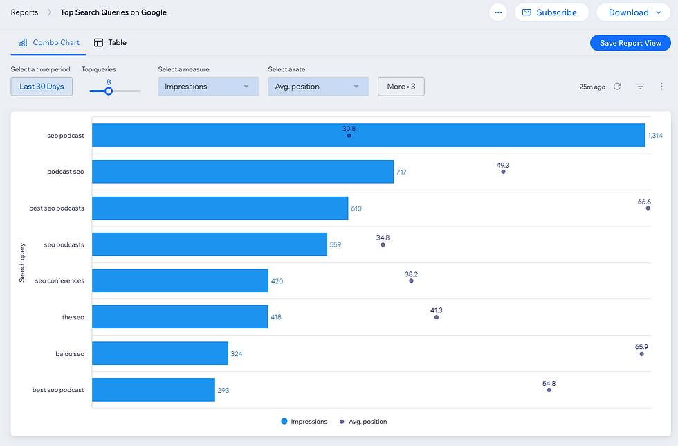A screenshot of the top search queries on google report, in table view, showing impressions per query with average position data.