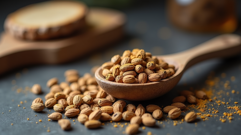 Close-up view of a wooden spoon filled with Idukki cardamom pods on a kitchen counter