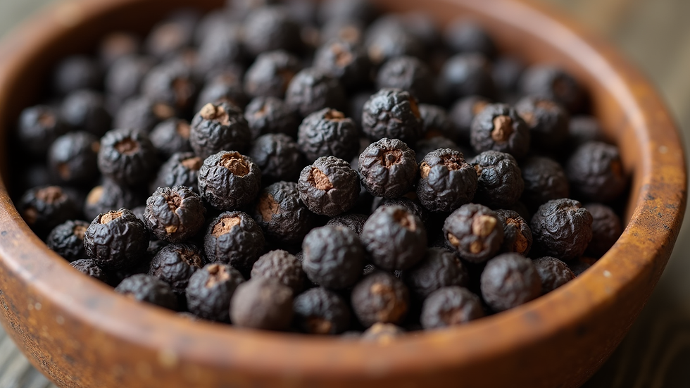Close-up view of whole Kerala black peppercorns in a rustic bowl