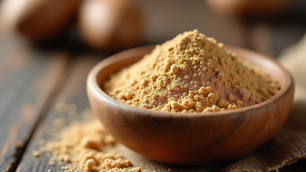 Eye-level view of a wooden bowl filled with ground nut mace powder