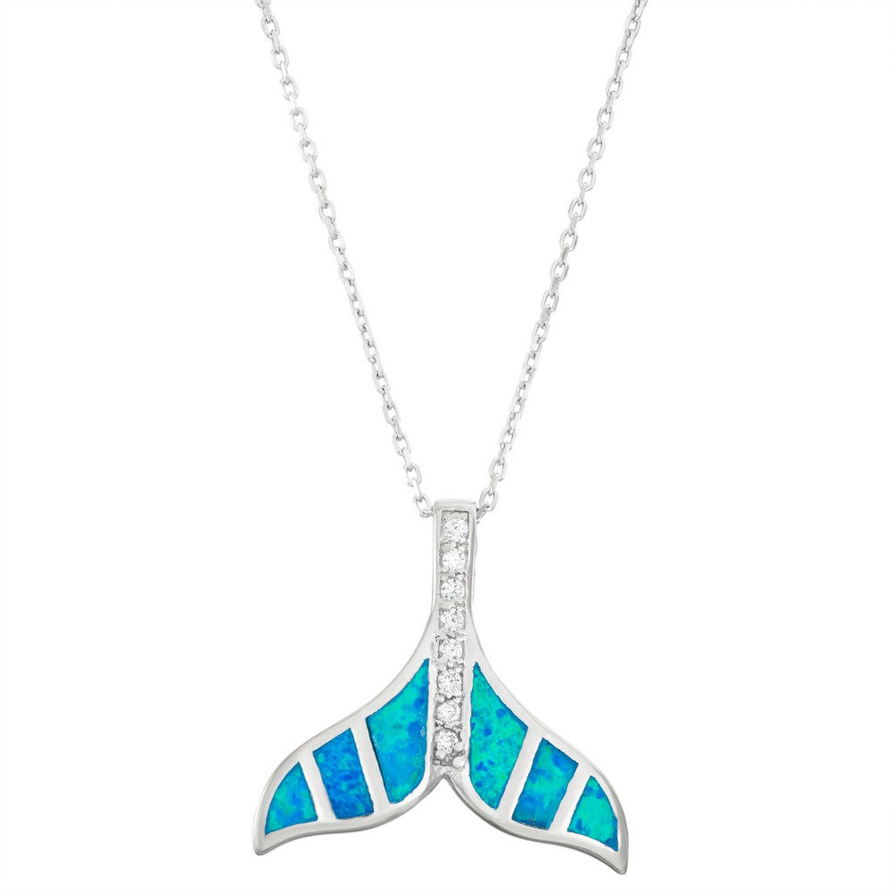 Sterling Silver Blue Inlay Opal and CZ Whale Tail Pendant