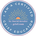 Certified Grief Educator badge by David Kessler at Grief.com, held by Jennifer Jeska, evidential psychic medium and grief coach in Minnesota
