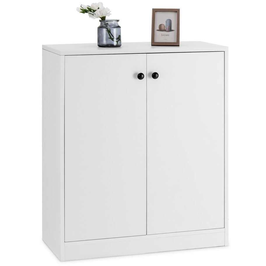 White two-door storage cabinet with black handles