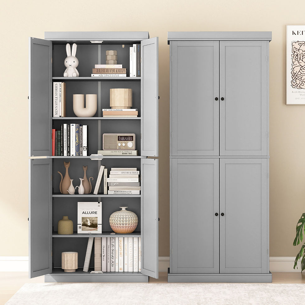 Gray 4 door pantry buffet cabinet, open & closed