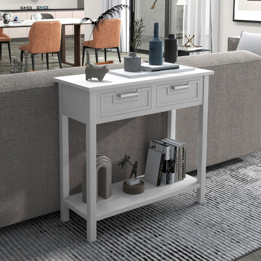 White wooden nightstand with two drawers and lower shelf