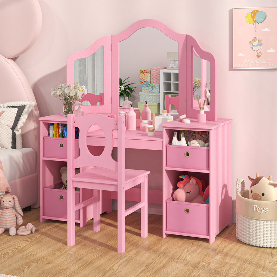 Pink kids vanity with storage shelves and chair
