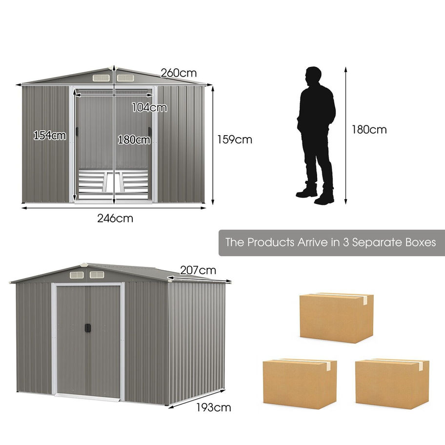 Shed dimensions diagram, person for scale, ships in 3 boxes