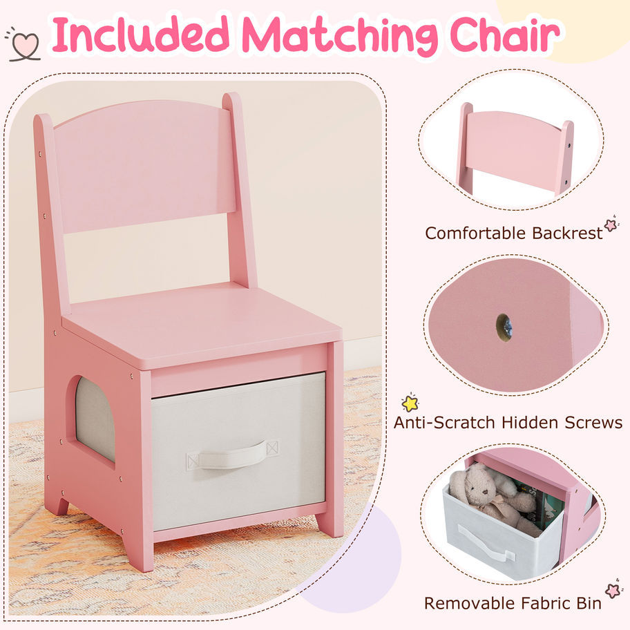 Pink matching chair with removable fabric bin.