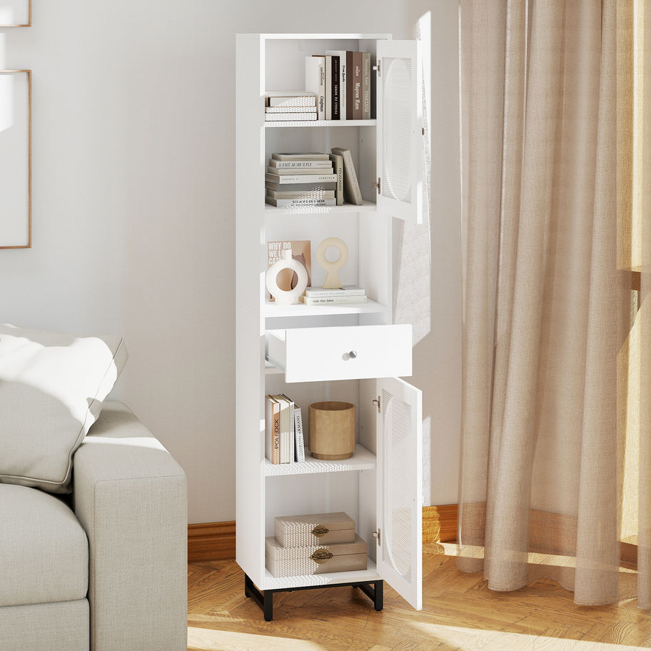 Tall white storage cabinet with open shelves, drawer, and door.