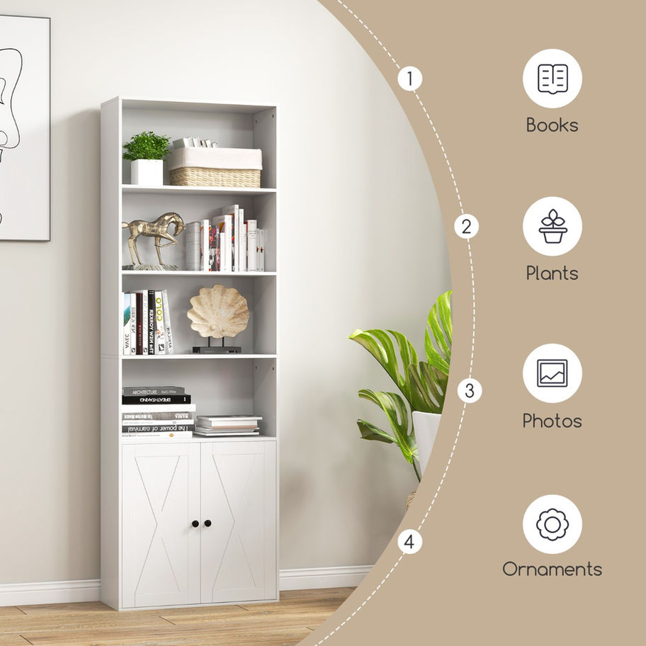 White bookshelf with books, plants, photos, and ornaments