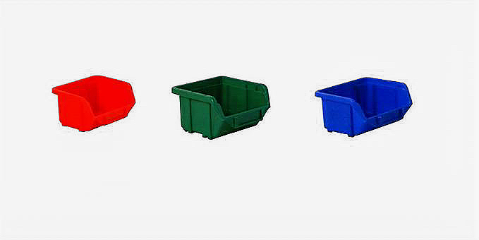 Red, green, and blue open-front plastic bins