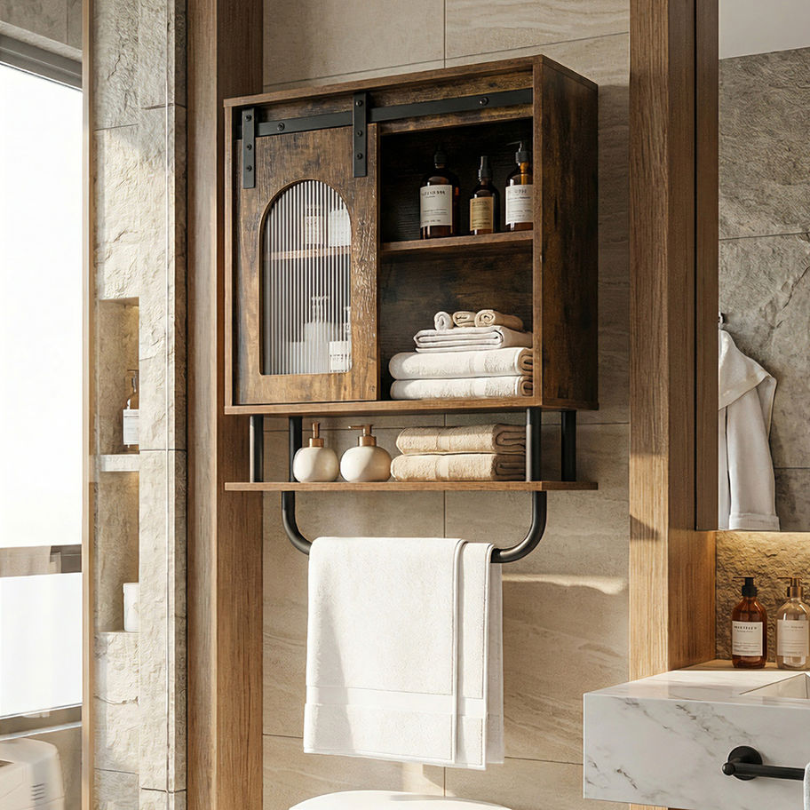 Rustic Brown Wall Cabinet in the bathroom