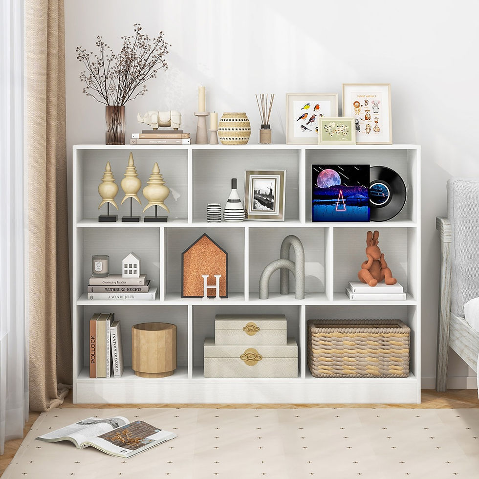 White record player stand with decor