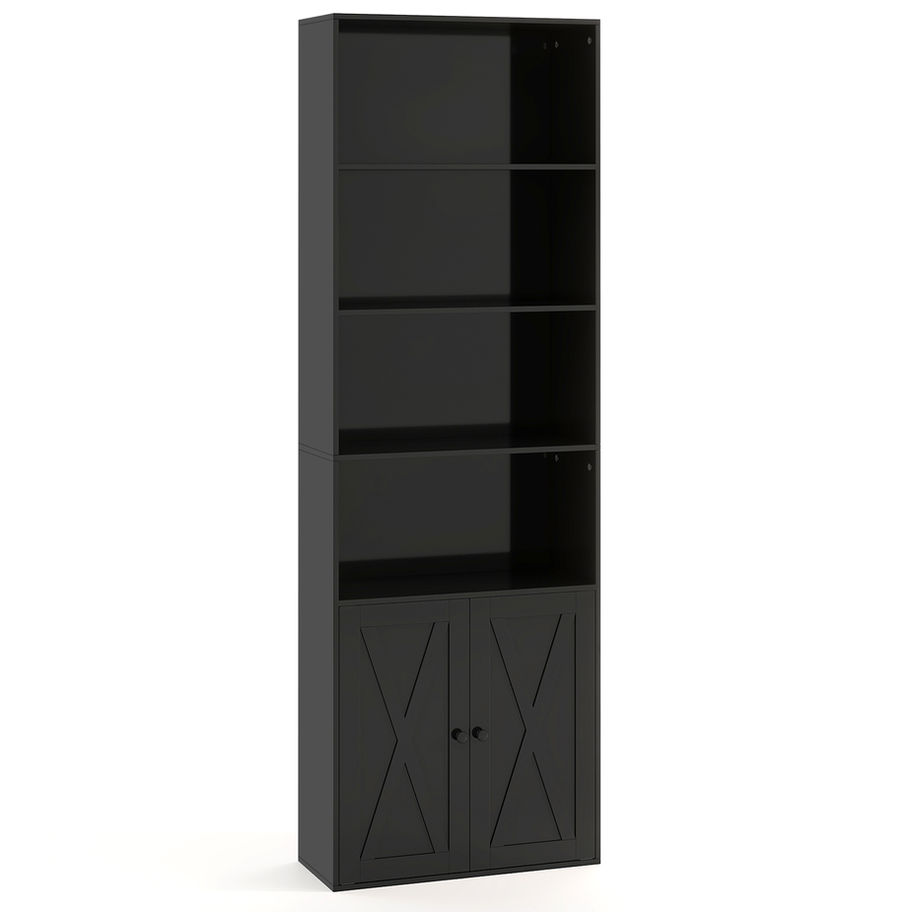 Tall dark cabinet with open shelves and x-pattern doors