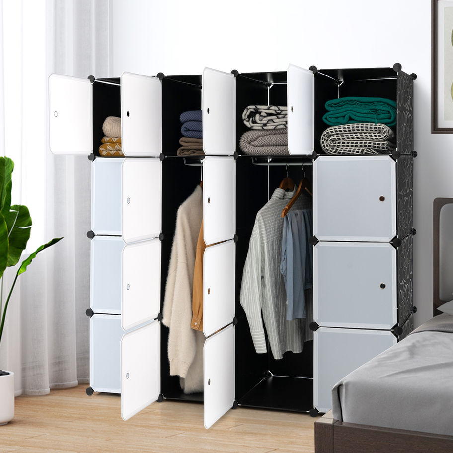 Modular cube wardrobe with clothes