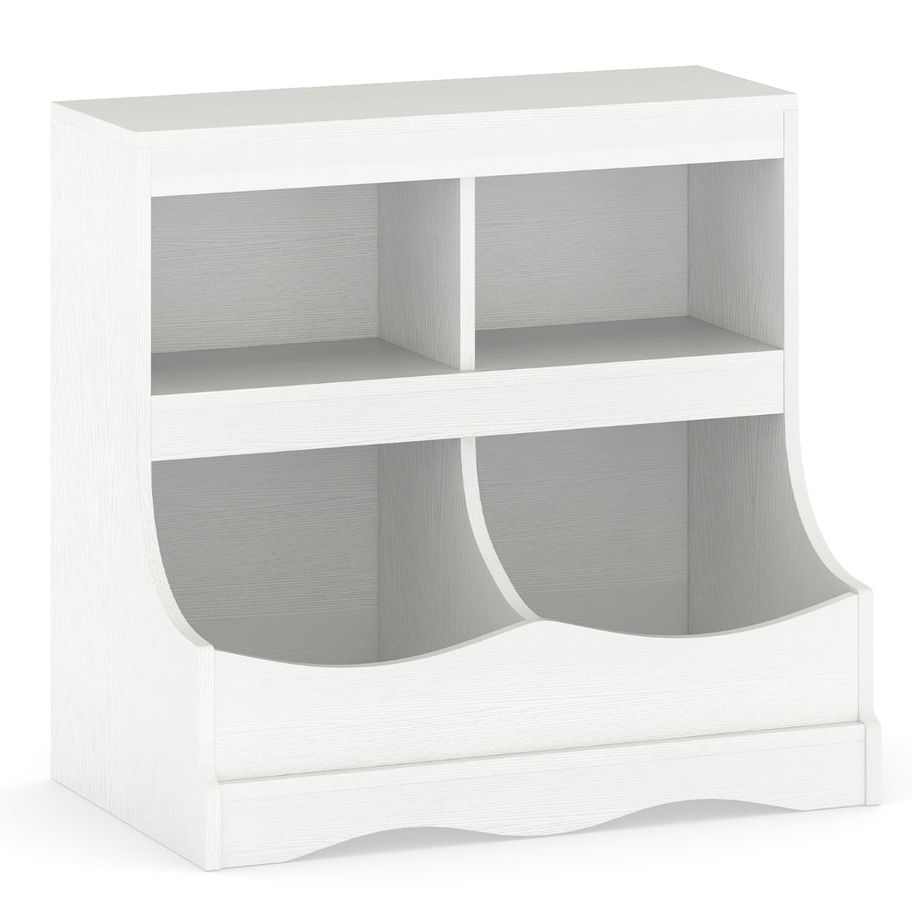 White multi-bin toy storage cabinet with shelves