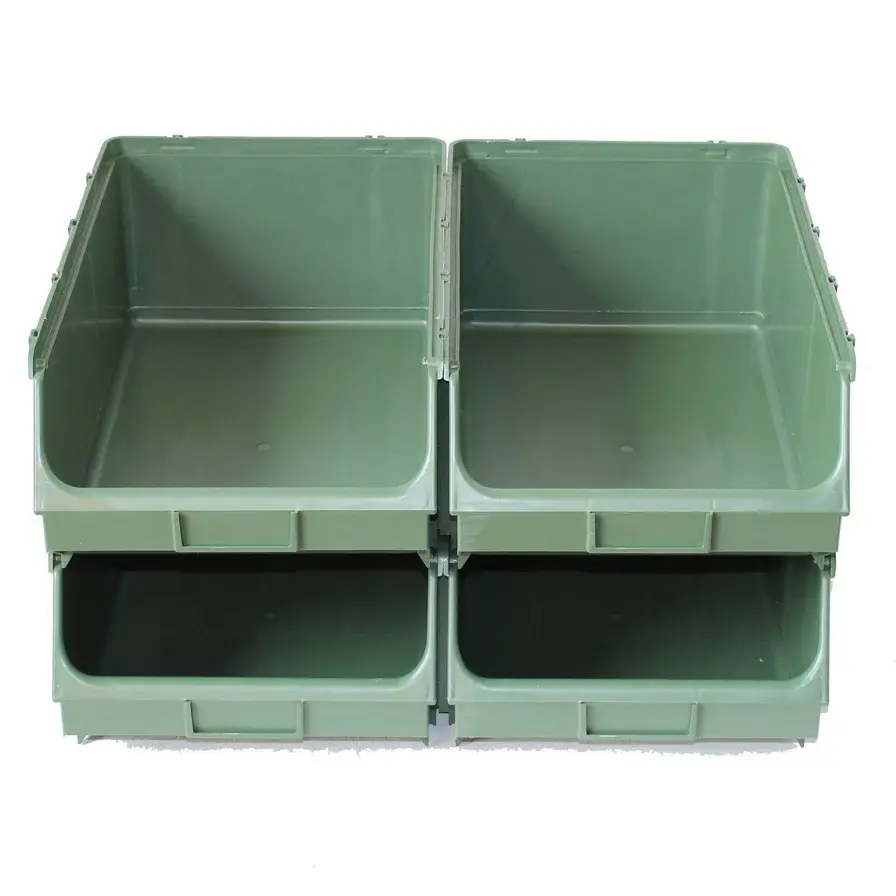 Green stackable plastic storage bins