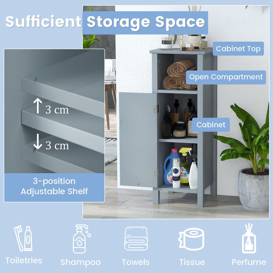 Grey Freestanding Narrow Bathroom Storage showing how flexible the unit is