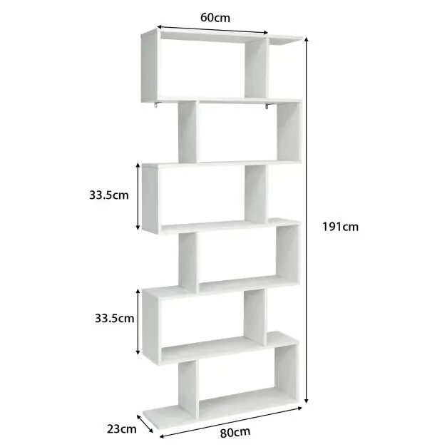 White zigzag shelving unit with dimensions