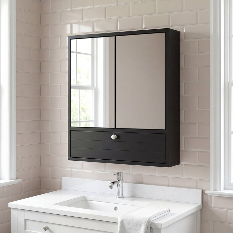 Black Wall-Mounted Bathroom Cabinet with Mirror