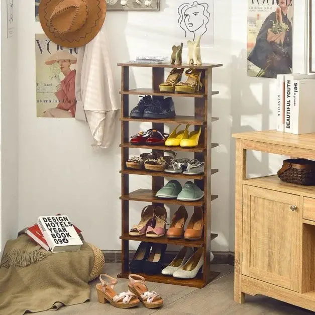 Tall wooden shoe rack filled with shoes