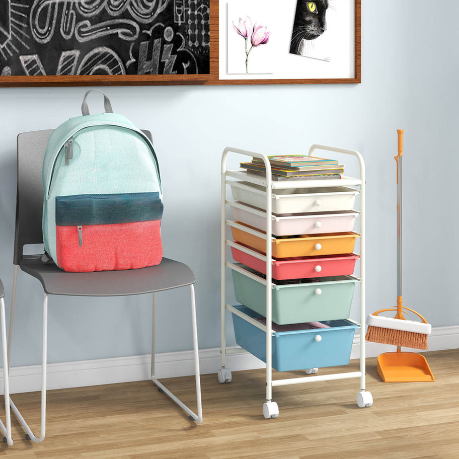 White rolling storage cart with colorful drawers