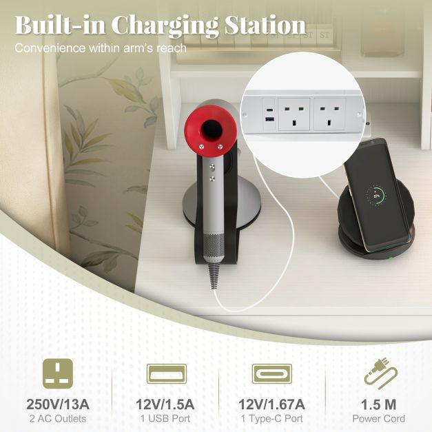 Built-in Charging Station with 2 AC, 1 USB, 1 Type-C port, 1.5M cord