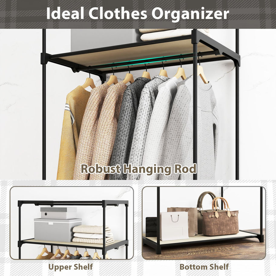 Ideal Clothes Organizer with robust hanging rod, upper shelf, and bottom shelf