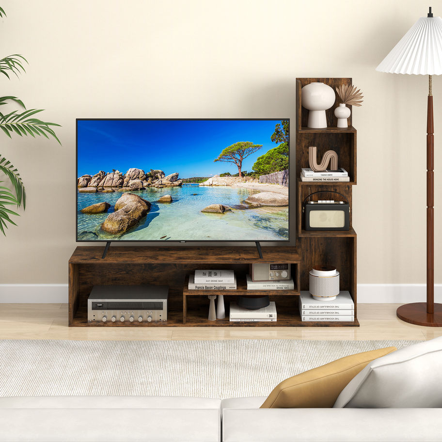 Dark wood media console with display shelves