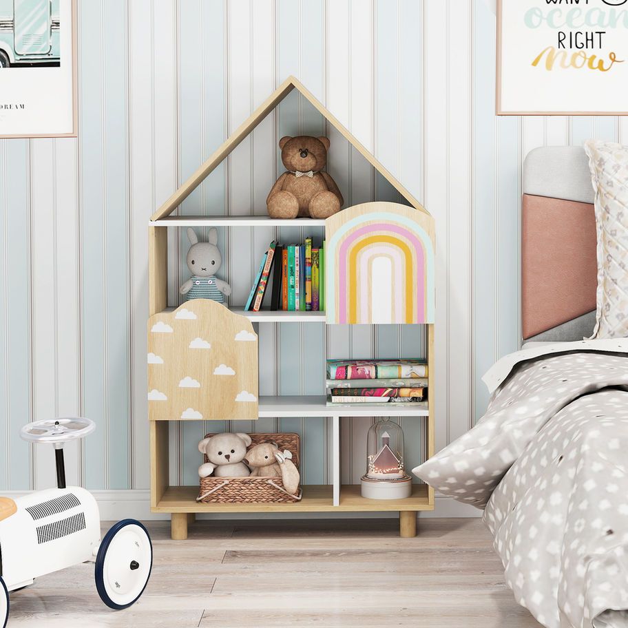 House-shaped multi-bin toy storage cabinet in a child's room