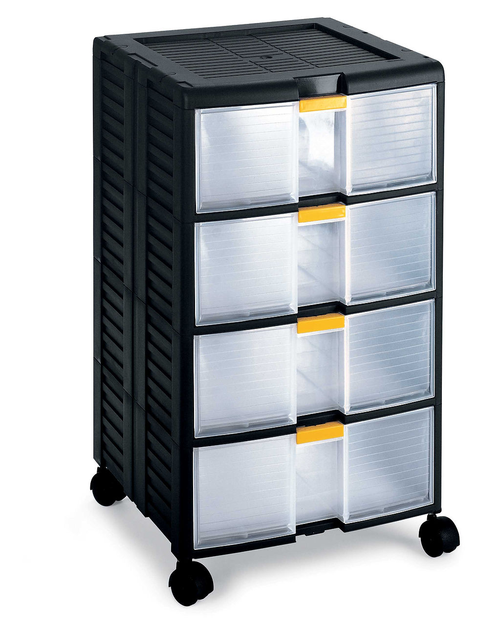 Black 4-tier storage cabinet with clear drawers on wheels